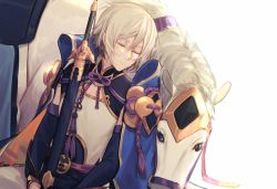 Rule 34 | 1boy, bad id, bad pixiv id, chinese clothes, csyday, closed eyes, fate/grand order, fate (series), grey hair, hair between eyes, highres, horse, male focus, no mask, prince of lan ling (fate), sheath, sheathed, sleeping, smile, solo, sword, weapon