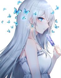 Rule 34 | 1girl, blue butterfly, blue eyes, bug, butterfly, dress, earrings, flower earrings, food, from side, holding, holding food, bug, jewelry, long hair, looking to the side, noyu (noyu23386566), original, popsicle, solo, white background, white dress, white hair