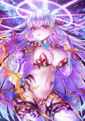 Rule 34 | 1girl, armor, bikini, bikini armor, breasts, cleavage, cowboy shot, detached sleeves, earrings, fate/grand order, fate (series), floating hair, hair between eyes, highres, jewelry, kama (beast iii/l) (fate), kama (fate), large breasts, long hair, long sleeves, looking at viewer, navel, nyamaso, parted lips, red eyes, silver hair, solo, sparkle, standing, strapless, strapless bikini, swimsuit, thighhighs, very long hair, white thighhighs