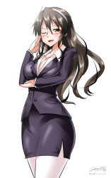 Rule 34 | 10s, 1girl, ;d, ashigara (kancolle), bespectacled, breasts, brown hair, business suit, cleavage, contemporary, fang, formal, glasses, hairband, kantai collection, long hair, looking at viewer, one eye closed, open mouth, pantyhose, pencil skirt, signature, simple background, skirt, skirt suit, smile, solo, suit, twitter username, yellow eyes, yuuki hb