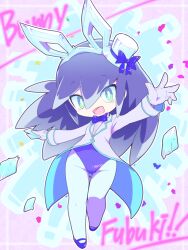 Rule 34 | 1girl, alternate hairstyle, animal ears, bow, bowtie, english text, fake animal ears, fubukihime, gloves, green eyes, hat, leotard, long hair, looking at viewer, nollety, open mouth, pantyhose, purple hair, rabbit ears, solo, top hat, youkai (youkai watch), youkai watch