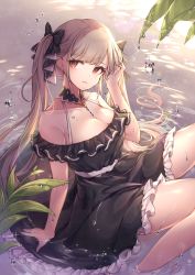 Rule 34 | 1girl, alternate costume, arm support, azur lane, bare shoulders, black bow, black dress, bow, breasts, brown hair, cleavage, closed mouth, collarbone, dress, formidable (azur lane), frilled dress, frills, hair bow, hand up, large breasts, light smile, long hair, md5 mismatch, off-shoulder dress, off shoulder, ozzingo, red eyes, resolution mismatch, shallow water, sitting, solo, source smaller, twintails, very long hair, water