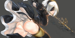 Rule 34 | 1girl, ass, black dress, black gloves, black thighhighs, blindfold, cowboy shot, dress, from side, gloves, hairband, high heels, highres, jun project, nier (series), nier:automata, panties, pantyshot, short hair, solo, sword, thighhighs, two-sided fabric, two-sided skirt, underwear, water, weapon, white hair, white panties, 2b (nier:automata)