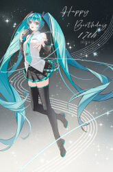 Rule 34 | 1girl, 2024, :d, absurdly long hair, absurdres, aqua necktie, black footwear, black skirt, black sleeves, blue eyes, blue hair, boots, collared shirt, dated, detached sleeves, dress shirt, floating hair, hair between eyes, happy birthday, hatsune miku, highres, holding, holding microphone, huanhuan0920, long hair, long sleeves, microphone, miniskirt, music, necktie, open mouth, pleated skirt, shirt, singing, skirt, sleeveless, sleeveless shirt, smile, solo, thigh boots, thighhighs, twintails, very long hair, vocaloid, white shirt, wing collar, zettai ryouiki