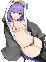 Rule 34 | 1girl, absurdres, animal hood, bare shoulders, bikini, black jacket, black legwear, blue bow, blue eyes, blush, bow, breasts, choker, closed mouth, collarbone, fate/grand order, fate (series), grey bikini, highres, hood, hood up, jacket, long hair, long sleeves, looking at viewer, meltryllis, meltryllis (fate), meltryllis (swimsuit lancer) (fate), meltryllis (swimsuit lancer) (first ascension) (fate), navel, penguin hood, purple hair, revision, seino (sasakike1305), simple background, sleeves past fingers, sleeves past wrists, small breasts, smile, swimsuit, thighs, tongue, tongue out, very long hair, white background
