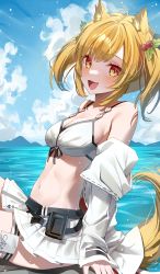 Rule 34 | 1girl, :d, absurdres, animal ears, arknights, bikini, blonde hair, blue sky, blush, breasts, character name, cloud, day, fang, hair ornament, highres, jacket, long sleeves, looking at viewer, medium breasts, navel, ningen mame, ocean, open mouth, outdoors, red eyes, short hair, sitting, sky, smile, solo, sora (arknights), swimsuit, tail, white bikini, white jacket, wolf ears, wolf girl, wolf tail