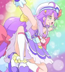 Rule 34 | 1girl, ahoge, brown eyes, cure coral, haruyama kazunori, hat, kneeling, long hair, magical girl, on one knee, open mouth, outstretched arms, precure, purple footwear, purple hair, shoes, solo, suzumura sango, tropical-rouge! precure, very long hair, white hat