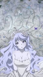 Rule 34 | bare shoulders, beyblade, beyblade: burst, blue skin, blush, breasts, bride, bug, butterfly, colored skin, corpse bride, cosplay, crossover, dress, emily (corpse bride), flower, highres, insect, kymhotii, large breasts, nishiro nya, open mouth, purple eyes, self-upload, solo, source request, wavy hair, white dress