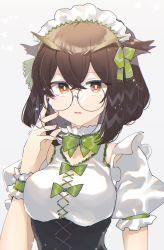 Rule 34 | 1girl, alternate costume, arknights, bow, bowtie, breasts, brown eyes, brown hair, feather hair, frilled hairband, frills, glasses, green bow, green bowtie, hairband, highres, large breasts, miyachi (tanya visha), owl ears, parted lips, puffy short sleeves, puffy sleeves, round eyewear, short hair, short sleeves, silence (arknights), solo, upper body