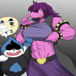 Rule 34 | 1boy, 1girl, abs, armlet, asha, belt, black belt, black eyes, blue gloves, blush, bracelet, breast poke, breasts, buckle, colored skin, cowboy shot, crop top, deltarune, flying sweatdrops, freckles, gloves, gradient background, grey background, grey shirt, heart, heart-shaped buckle, highres, jewelry, lancer (deltarune), large breasts, long hair, looking at viewer, muscular, muscular female, muscular male, open mouth, pants, pink skin, poking, purple hair, purple pants, shirt, smile, snout, spade (shape), spiked armlet, spiked bracelet, spikes, susie (deltarune)