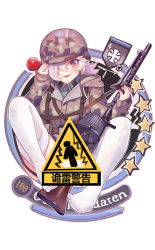 Rule 34 | 1girl, camouflage, camouflage headwear, camouflage jacket, company of heroes, fangs, full body, german army, gun, hair over one eye, hat, helmet, highres, holding, holding gun, holding weapon, jacket, light bulb, looking at viewer, machine gun, mg 34, military, military hat, military jacket, military uniform, obersoldaten (company of heroes), open mouth, original, purple eyes, purple hair, sign, simple background, smile, solo, star (symbol), thighhighs, tongue, tongue out, uniform, warning sign, weapon, white background, white thighhighs, world war ii, zhainan s-jun