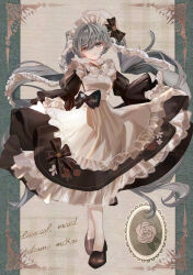 1girl alternate_costume apron black_bow black_dress black_footwear bow character_name closed_mouth commentary_request dress floral_print frilled_apron frills full_body grey_eyes grey_hair hair_between_eyes hatsune_miku highres komorihikki light_smile long_hair long_sleeves looking_at_viewer maid maid_apron maid_headdress pantyhose skirt_hold solo twintails very_long_hair vocaloid white_apron white_pantyhose