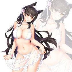 Rule 34 | 1girl, animal ears, artist name, atago (azur lane), atago (summer march) (azur lane), azur lane, bikini, blush, breasts, brown eyes, brown hair, choker, closed mouth, collarbone, contrapposto, cowboy shot, flower, hair flower, hair ornament, head tilt, holding, large breasts, long hair, looking at viewer, mole, mole under eye, navel, sarong, smile, solo, standing, summer-d (dodojune), swimsuit, very long hair, white background, white bikini, zoom layer