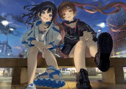 Rule 34 | 2girls, absurdres, ankle boots, bare legs, belt boots, bench, black hair, black jacket, blue eyes, blue nails, boots, brown hair, building, choker, city, city lights, cityscape, english text, evening, grin, hair between eyes, highres, hood, hoodie, jacket, lamppost, long hair, looking at viewer, mashiro kta, multicolored clothes, multicolored jacket, multiple girls, nail polish, no socks, open clothes, open jacket, original, red eyes, sandals, shoe soles, sitting, smile, toenail polish, toenails, twintails, two-tone footwear, two-tone jacket, white choker