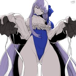 Rule 34 | 1girl, :q, absurdres, blue choker, cameltoe, choker, cowboy shot, dated, fate/extra, fate/extra ccc, fate (series), flat chest, foreshortening, from below, head tilt, highleg, highleg leotard, highres, leotard, limited palette, long hair, long sleeves, looking at viewer, meltryllis, meltryllis (fate), meltryllis (swimsuit lancer) (fate), meltryllis (swimsuit lancer) (second ascension) (fate), navel, purple eyes, purple hair, ribs, signature, simple background, sleeves past fingers, sleeves past wrists, smile, solo, standing, tocky, tongue, tongue out, very long hair, white background, wide sleeves