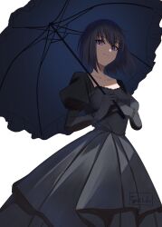 Rule 34 | 1girl, alternate costume, black dress, black gloves, black umbrella, breasts, closed mouth, collarbone, commentary request, dress, gloves, hair between eyes, highres, holding, holding umbrella, juliet sleeves, kuonji alice, long sleeves, looking at viewer, mahou tsukai no yoru, medium breasts, parasol, puffy sleeves, purple eyes, shintyoi2, short hair, simple background, smile, solo, umbrella, white background