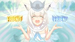 Rule 34 | 1girl, animal ears, bare shoulders, blush, braid, breasts, closed eyes, commentary request, earrings, facing viewer, forest, fox ears, fox girl, hair between eyes, hololive, jewelry, light rays, long hair, nature, open hands, open mouth, pond, shirakami fubuki, sidelocks, single braid, small breasts, solo, tataki tuna, toga, virtual youtuber, w arms, white hair