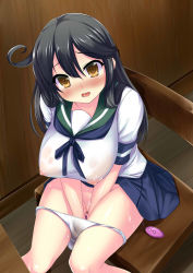 Rule 34 | 10s, 1girl, black hair, breasts, chair, covered erect nipples, desk, drooling, female masturbation, groin, hoshizuki (seigetsu), kantai collection, large breasts, long hair, looking at viewer, masturbation, open mouth, panties, panty pull, pussy juice, school uniform, see-through, serafuku, sex toy, side ahoge, sitting, skirt, solo, tears, underwear, ushio (kancolle), vibrator, wet, wet clothes, wet panties, white panties, yellow eyes