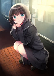 Rule 34 | 1girl, :t, bad id, bad pixiv id, black footwear, black sailor collar, black serafuku, black skirt, blush, brown hair, closed mouth, commentary request, full body, green eyes, hair between eyes, hands up, highres, loafers, long sleeves, looking at viewer, minami saki, original, pleated skirt, pout, sailor collar, school uniform, serafuku, shoes, skirt, sleeves past wrists, solo, squatting