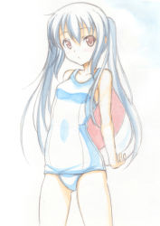 Rule 34 | 1girl, aoi masami, bad id, bad pixiv id, black hair, brown eyes, graphite (medium), k-on!, long hair, nakano azusa, one-piece swimsuit, painting (medium), school swimsuit, solo, swimsuit, traditional media, twintails, watercolor (medium)
