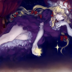 Rule 34 | 1girl, bare legs, blonde hair, bow, breasts, choker, commentary request, constellation, crying, curtains, dress, elbow gloves, floating, frilled dress, frills, gloves, hair bow, hat, hat ribbon, highres, large breasts, lipstick, long hair, lying, makeup, mob cap, night, night sky, on side, pantyhose, puffy short sleeves, puffy sleeves, purple dress, purple eyes, ribbon, ribbon choker, short sleeves, sky, solo, star (sky), star (symbol), tama (moonriders), tears, thighs, touhou, yakumo yukari
