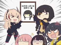 Rule 34 | &gt; &lt;, 5girls, anger vein, angry, anti-rain (girls&#039; frontline), artist request, check translation, chibi, commentary request, confused, eyepatch, closed eyes, girls&#039; frontline, headphones, highres, m16a1 (girls&#039; frontline), m4 sopmod ii (girls&#039; frontline), m4a1 (girls&#039; frontline), multiple girls, photo (object), ro635 (girls&#039; frontline), scar, scar across eye, scar on face, st ar-15 (girls&#039; frontline), translation request