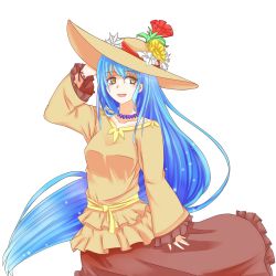 Rule 34 | 00s, 1girl, blue hair, cro cell, female focus, frilled skirt, frills, hat, highres, jewelry, long hair, long skirt, m.u.g.e.n, nanikoro, necklace, night wizard, plant, red skirt, skirt, smile, solo, sun hat, transparent background, very long hair, yellow eyes