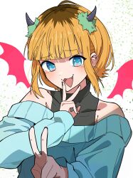 Rule 34 | 1girl, :3, absurdres, bare shoulders, blonde hair, blue eyes, blue sweater, blunt bangs, blush, collarbone, commentary request, demon horns, demon wings, double v, earrings, fake horns, fang, hanten (hantennano), highres, horns, jewelry, looking at viewer, mem-cho, multicolored hair, off-shoulder sweater, off shoulder, open mouth, oshi no ko, partial commentary, roots (hair), shade, shadow, short hair, sidelocks, smile, solo, sweater, upper body, v, v over mouth, white background, wings