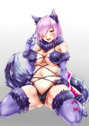Rule 34 | 1girl, :d, animal ears, blush, breasts, elbow gloves, fate/grand order, fate (series), fur-trimmed legwear, fur trim, gloves, hair over one eye, halloween costume, highres, mash kyrielight, mash kyrielight (dangerous beast), mashita matsuge, navel, no shoes, official alternate costume, open mouth, purple eyes, purple hair, purple legwear, short hair, smile, solo, tail, wolf ears, wolf tail