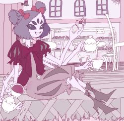 Rule 34 | 1girl, boots, bow, breasts, bug, colored skin, extra arms, extra eyes, fangs, high heel boots, high heels, arthropod girl, monster girl, muffet, purple skin, ribbon, spider, spider girl, tea, teapot, thighhighs, undertale