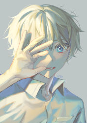Rule 34 | 1boy, absurdres, blue eyes, breast pocket, collared shirt, commentary request, grey background, hand up, highres, limited palette, male focus, one eye covered, original, parted lips, pocket, shirt, short hair, signature, simple background, solo, torino kawazu, white hair, white shirt