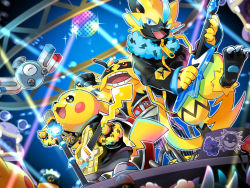 Rule 34 | black eyes, blue eyes, claws, clothed pokemon, creature, creatures (company), drum, drum set, electivire, electric guitar, fangs, furry, game freak, gen 1 pokemon, gen 2 pokemon, gen 3 pokemon, gen 4 pokemon, gen 7 pokemon, guitar, holding, holding instrument, instrument, legendary pokemon, loudred, magnemite, microphone, mobbbt, music, mythical pokemon, nintendo, pikachu, playing instrument, pokemon, pokemon (creature), qwilfish, red eyes, standing, zeraora