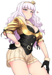 Rule 34 | 1girl, belt, beyond the nobles, black gloves, blush, breasts, choker, cleavage, corset, gloves, hairband, hand on own hip, heart, highres, idolmaster, idolmaster (classic), large breasts, long hair, looking at viewer, purple eyes, shijou takane, silver hair, simple background, skirt, smile, solo, tsurui, white background