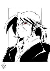 Rule 34 | black gloves, black hair, black vest, collared shirt, comic, dated, divinity, dragon, frown, gloves, greyscale, hair between eyes, highres, ink, male focus, medium hair, monochrome, monohaji, original, original pieces, red eyes, ryuujin, self-upload, shirt, solo, vest, white background, white theme, yellow eyes