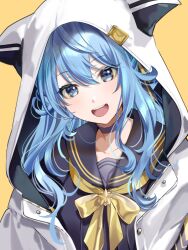 Rule 34 | 1girl, :d, blue eyes, blue hair, bow, bowtie, hair between eyes, hololive, hood, hood up, hooded jacket, hoshimachi suisei, hoshimachi suisei (school uniform), jacket, long hair, looking at viewer, open clothes, open jacket, open mouth, roko (pe0e07), sailor collar, school uniform, serafuku, simple background, smile, solo, star (symbol), star in eye, symbol in eye, upper body, virtual youtuber, white jacket, yellow background, yellow bow, yellow bowtie