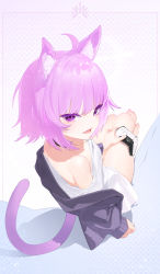 Rule 34 | 1girl, :d, absurdres, ahoge, animal ear fluff, animal ears, bad kim, bare legs, barefoot, black choker, black jacket, breasts, cat ears, cat girl, cat tail, choker, cleavage, controller, fangs, from above, from behind, game controller, highres, holding, holding controller, holding game controller, hololive, jacket, long sleeves, looking at viewer, looking back, nekomata okayu, nekomata okayu (oversized shirt), off shoulder, open clothes, open jacket, open mouth, pink hair, purple eyes, shirt, smile, solo, tail, virtual youtuber, white shirt