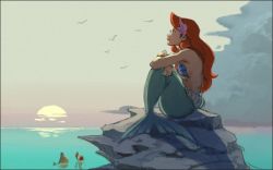 Rule 34 | 1girl, animal, ariel (disney), backlighting, bare arms, bare shoulders, bikini, bird, cloud, cloudy sky, commentary request, crab, crossed arms, day, disney, expressionless, fish, flounder (the little mermaid), flower, grey sky, hair flower, hair ornament, horizon, long hair, looking up, masso, mermaid, monster girl, ocean, outdoors, partially submerged, pink flower, profile, red hair, reflection, rock, seashell, sebastian (disney), shaded face, shadow, shell, shell bikini, sitting, sitting on rock, sky, solo, submerged, sun, swimsuit, the little mermaid, topless male, water