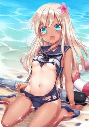 Rule 34 | 10s, 1girl, beach, blonde hair, blue eyes, blush, breasts, flower, hair flower, hair ornament, kantai collection, lifebuoy, long hair, looking at viewer, md5 mismatch, milkshakework, navel, one-piece tan, open mouth, outdoors, ro-500 (kancolle), sailor collar, school swimsuit, school uniform, serafuku, sitting, slippers, small breasts, solo, swim ring, swimsuit, swimsuit under clothes, tan, tanline, tears, torn clothes, torn swimsuit, torpedo, underboob, wariza, water