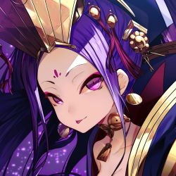Rule 34 | 1girl, :p, bad id, bad twitter id, breasts, choker, cleavage, close-up, closed mouth, earrings, facial mark, fate/grand order, fate (series), forehead mark, from side, hair ornament, headdress, highres, jewelry, long hair, looking at viewer, necklace, purple eyes, purple hair, smile, solo, soya (torga), tongue, tongue out, wu zetian (fate)