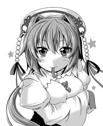 Rule 34 | 1girl, breast hold, breasts, chouun, food, greyscale, hair ornament, ichimi, koihime musou, looking at viewer, monochrome, mouth hold, ponytail, short hair, smile, solo, upper body