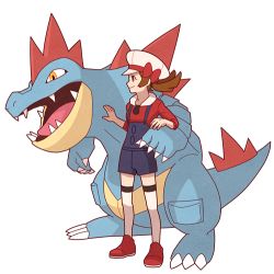 Rule 34 | 1girl, blue overalls, bow, brown eyes, brown hair, cabbie hat, closed mouth, commentary request, creatures (company), feraligatr, from side, game freak, gen 2 pokemon, hat, hat bow, jaho, long hair, lowres, lyra (pokemon), nintendo, overalls, pokemon, pokemon (creature), pokemon hgss, red bow, red footwear, red shirt, shirt, shoes, smile, standing, thighhighs, twintails, white headwear, white thighhighs