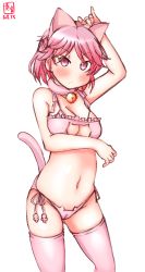 Rule 34 | 1girl, alternate costume, animal ears, artist logo, bell, bra, breasts, cameltoe, cat cutout, cat ear panties, cat ears, cat lingerie, cat tail, choker, cleavage cutout, cleft of venus, clothing cutout, commentary request, dated, frilled bra, frills, giuseppe garibaldi (kancolle), highres, jingle bell, kanon (kurogane knights), kantai collection, medium breasts, meme attire, neck bell, panties, pink eyes, pink hair, short hair, side-tie panties, simple background, solo, tail, thighhighs, underwear, underwear only, white background, white bra, white panties