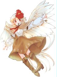 Rule 34 | 1girl, animal, animal on head, bird, bird on head, bird tail, bird wings, blonde hair, blush, boots, brown footwear, chick, dress, feathered wings, feathers, full body, hair between eyes, hair ornament, itomugi-kun, knee boots, long sleeves, multicolored hair, niwatari kutaka, on head, open mouth, orange dress, red eyes, red hair, shirt, short hair, simple background, solo, tail, touhou, two-tone hair, whistle, white background, white shirt, wings, yellow wings