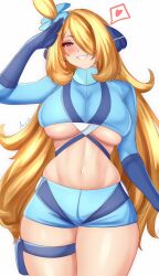 Rule 34 | 1girl, anisdrawn, arm up, blonde hair, blue gloves, blue shirt, blue shorts, blush, breasts, commentary, cosplay, cowboy shot, creatures (company), crop top, cynthia (pokemon), game freak, gloves, grin, highres, large breasts, long hair, long sleeves, looking at viewer, midriff, navel, nintendo, pokemon, pokemon bw, pokemon dppt, shirt, short shorts, shorts, simple background, skindentation, skyla (pokemon), skyla (pokemon) (cosplay), smile, solo, standing, stomach, thigh strap, thighs, underboob, very long hair, white background
