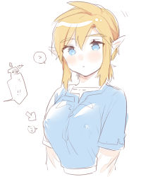 Rule 34 | 1girl, arrow (symbol), blue eyes, blue shirt, blush, breasts, covered erect nipples, genderswap, genderswap (mtf), highres, large breasts, link, looking at viewer, nintendo, pointy ears, shirt, simple background, solo, speech bubble, the legend of zelda, the legend of zelda: breath of the wild, ttanuu., upper body, white background