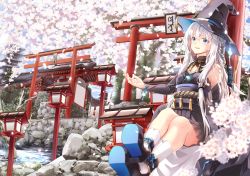 Rule 34 | 1girl, :d, absurdres, architecture, arm rest, bad id, bad pixiv id, bare shoulders, black footwear, black gloves, black hat, black kimono, blue eyes, braid, bridal gauntlets, cherry blossoms, coat, cross-laced footwear, crossed legs, cube hair ornament, day, detached collar, detached sleeves, dice hair ornament, east asian architecture, flower, gem, gloves, hair ornament, hand up, hat, hat flower, highres, japanese clothes, jewelry, kimono, lantern, long hair, mito w, necklace, open mouth, outdoors, petals, pink flower, pleated skirt, pond, ribbon-trimmed headwear, ribbon trim, rope, shiki no akari, shoes, silver hair, sitting, skirt, sleeveless, sleeveless kimono, smile, socks, solo, stairs, stone stairs, talisman, temple, tomoshibi no majo, torii, tree, two-sided fabric, two-sided headwear, unworn coat, very long hair, water, white flower, white socks, witch, witch hat, yellow flower