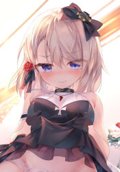 Rule 34 | 1girl, armband, azur lane, black dress, black gloves, blue eyes, blush, bow, chen bin, clothes lift, commentary request, cross, dress, dress lift, embarrassed, flower, from below, gloves, hair bow, hair flower, hair ornament, highres, iron cross, jewelry, lifting own clothes, light brown hair, looking at viewer, nose blush, panties, pendant, short hair, solo, underwear, upper body, white panties, z23 (azur lane), z23 (schwarze hochzeit) (azur lane), z23 (the banquet&#039;s honor student) (azur lane)