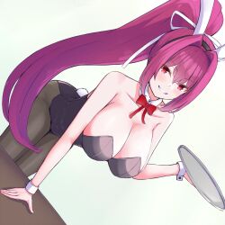 Rule 34 | 1girl, arm support, bent over, breasts, cleavage, grin, highres, large breasts, leaning forward, legs, leotard, long hair, looking at viewer, playboy bunny, ponytail, purple hair, rabbit ears, red eyes, smile, solo, thighs, under night in-birth, waitress, yuzuriha (under night in-birth)