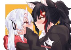 Rule 34 | 2girls, absurdres, after kiss, animal ear fluff, animal ears, black hair, blush, eye contact, from side, highres, hololive, horns, kuronekootuta, looking at another, multiple girls, nakiri ayame, oni, ookami mio, ookami mio (casual), saliva, saliva trail, silver hair, single horn, skin-covered horns, tongue, virtual youtuber, wolf ears, yuri