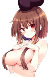 Rule 34 | 1girl, black hat, blush, breasts, brown hair, commentary request, hair between eyes, hair censor, hands up, hat, head tilt, heart, highres, large breasts, lips, looking at viewer, maturiuta sorato, nishida satono, nude, pink eyes, short hair with long locks, sidelocks, simple background, smile, solo, touhou, upper body, white background